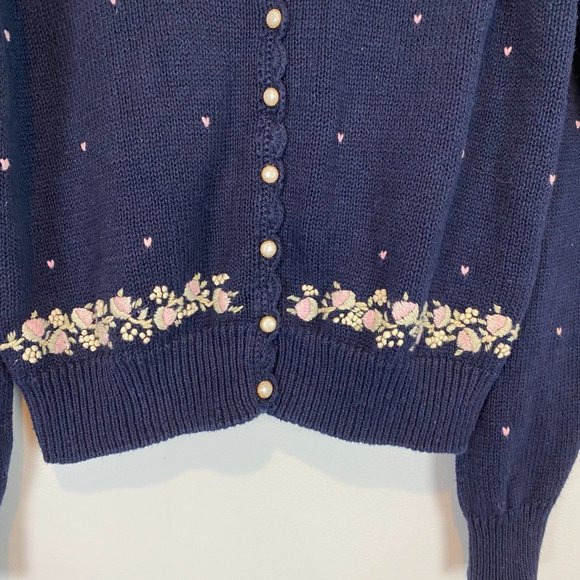 Vintage Margules Knit Sweater Cardigan Floral Embroidered Navy Button Down Small - Picture 6 of 10